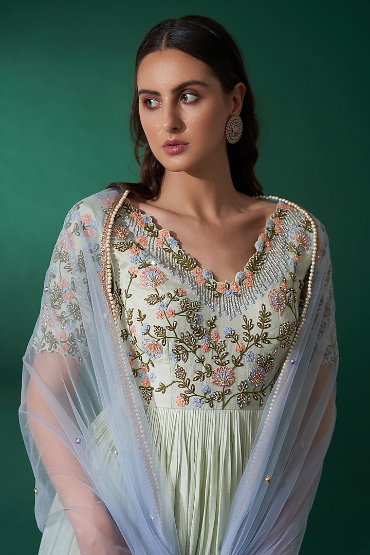 Mint Embroidered Party Wear Anarkali Set by Suruchi Parakh at Pernia's Pop Up Shop