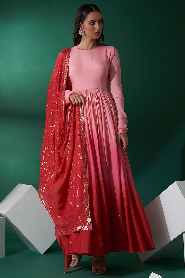 Blush Pink & Bright Red Embroidered Anarkali Set by Suruchi Parakh