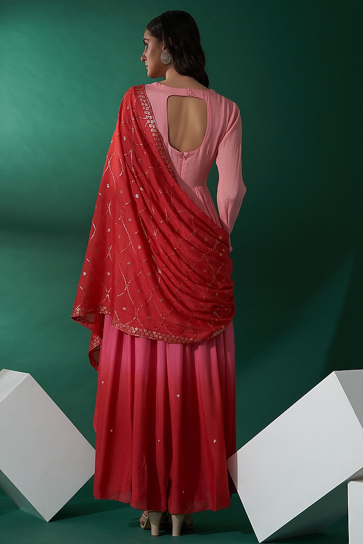Blush Pink & Bright Red Embroidered Party Wear Anarkali Set by Suruchi Parakh at Pernia's Pop Up Shop