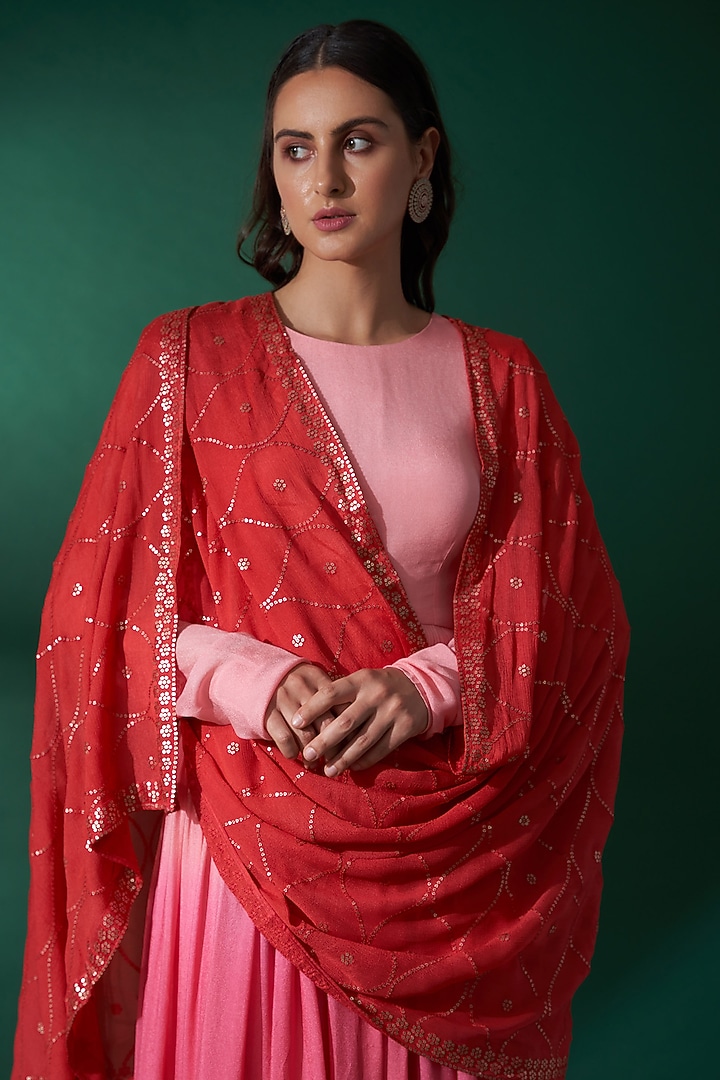 Blush Pink & Bright Red Embroidered Party Wear Anarkali Set by Suruchi Parakh at Pernia's Pop Up Shop