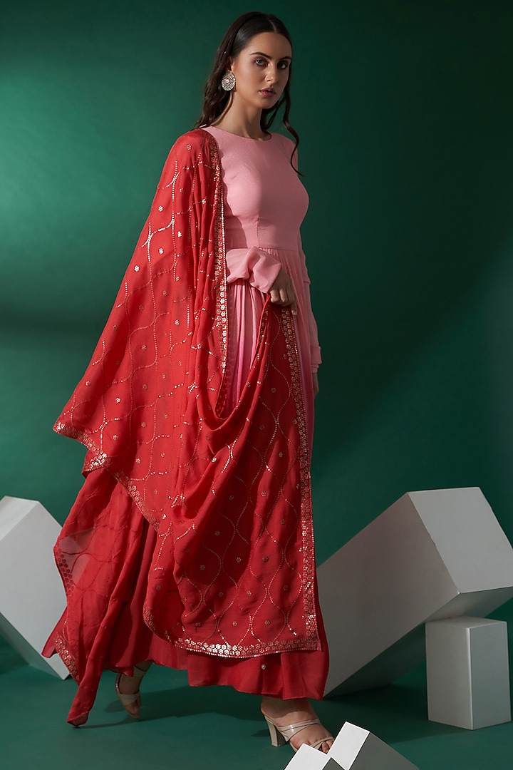 Blush Pink & Bright Red Embroidered Party Wear Anarkali Set by Suruchi Parakh at Pernia's Pop Up Shop