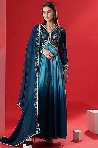 Teal Embroidered Anarkali Set by Suruchi Parakh