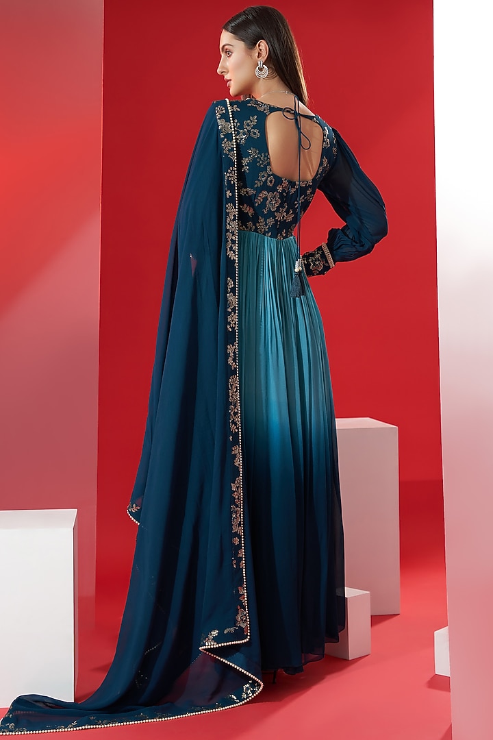 Teal Embroidered Party Wear Anarkali Set by Suruchi Parakh at Pernia's Pop Up Shop