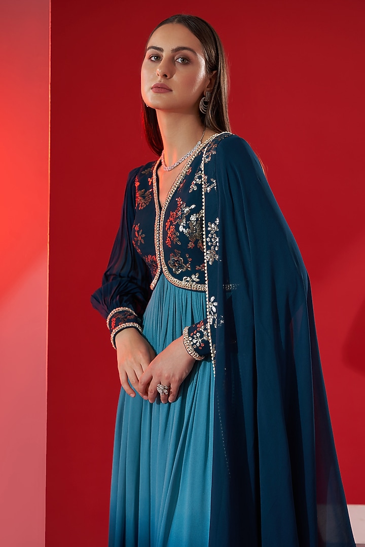 Teal Embroidered Party Wear Anarkali Set by Suruchi Parakh at Pernia's Pop Up Shop