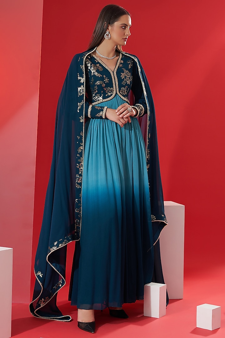 Teal Embroidered Party Wear Anarkali Set by Suruchi Parakh at Pernia's Pop Up Shop