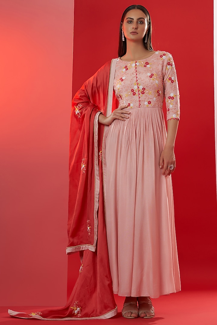 Blush Pink Embroidered Party Wear Anarkali Set by Suruchi Parakh at Pernia's Pop Up Shop