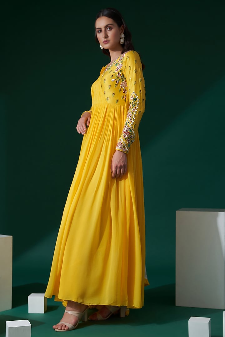 Dandelion Yellow Embroidered Party Wear Anarkali Set by Suruchi Parakh at Pernia's Pop Up Shop