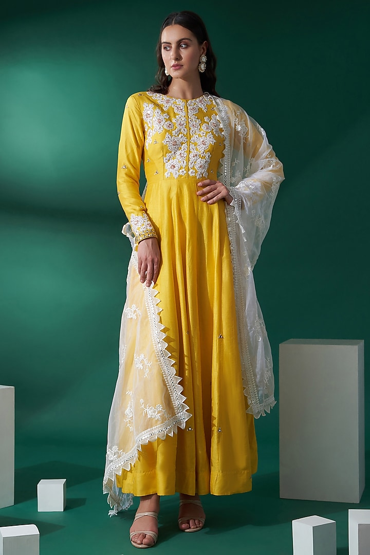 Bright Yellow Embroidered Party Wear Anarkali Set by Suruchi Parakh at Pernia's Pop Up Shop