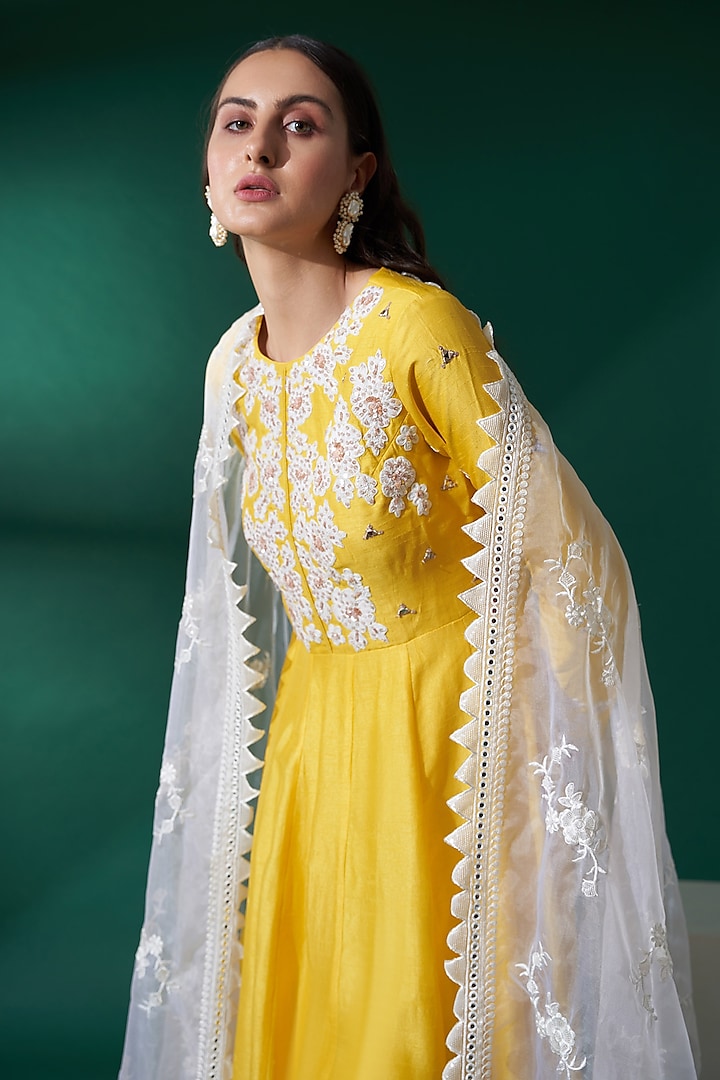 Bright Yellow Embroidered Party Wear Anarkali Set by Suruchi Parakh at Pernia's Pop Up Shop