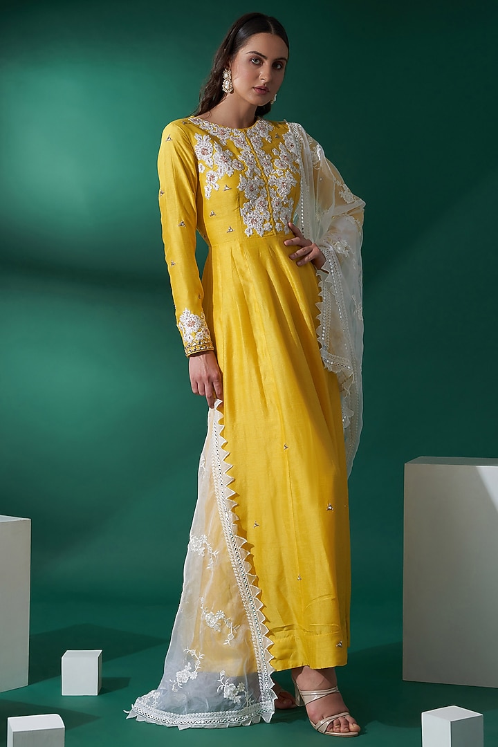 Bright Yellow Embroidered Party Wear Anarkali Set by Suruchi Parakh at Pernia's Pop Up Shop