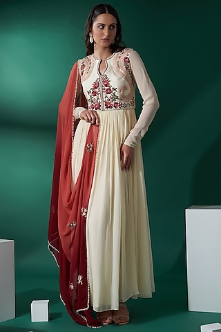 Cream Georgette & Tussar Silk Anarkali Set by Suruchi Parakh