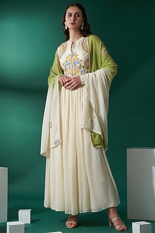 Cream Tussar Silk & Georgette Anarkali Set by Suruchi Parakh