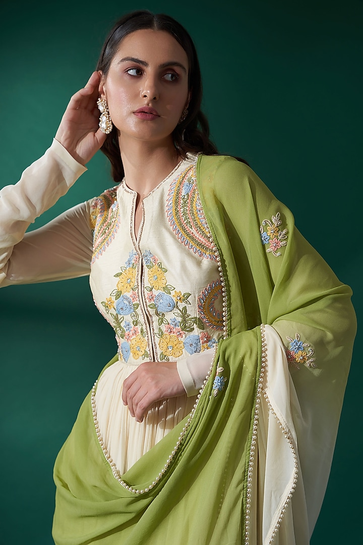 Cream Tussar Silk & Georgette Party Wear Anarkali Set by Suruchi Parakh at Pernia's Pop Up Shop