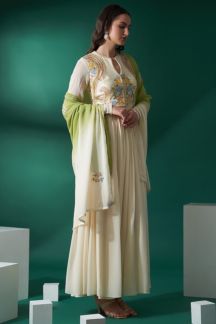 Cream Tussar Silk & Georgette Party Wear Anarkali Set by Suruchi Parakh at Pernia's Pop Up Shop