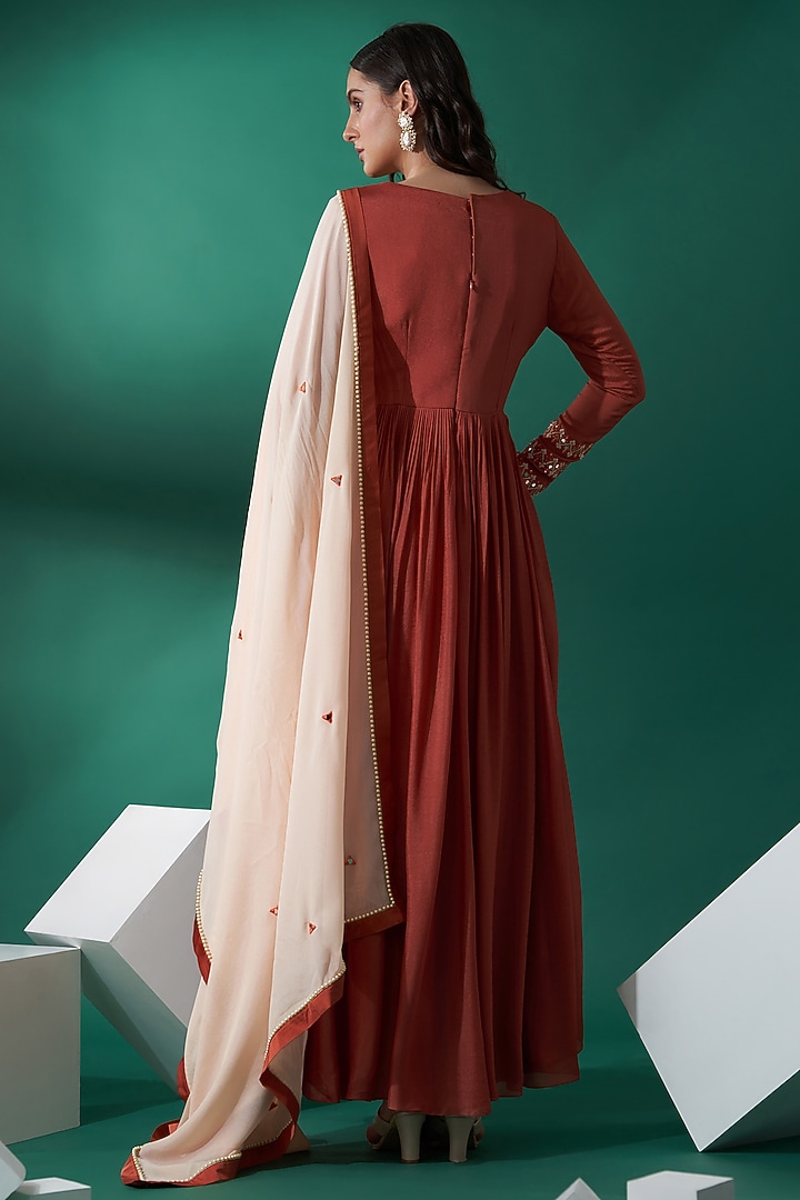 Dusty Orange Hand Embroidered Party Wear Anarkali Set by Suruchi Parakh at Pernia's Pop Up Shop