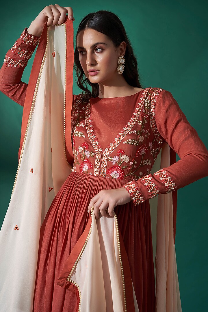 Dusty Orange Hand Embroidered Party Wear Anarkali Set by Suruchi Parakh at Pernia's Pop Up Shop