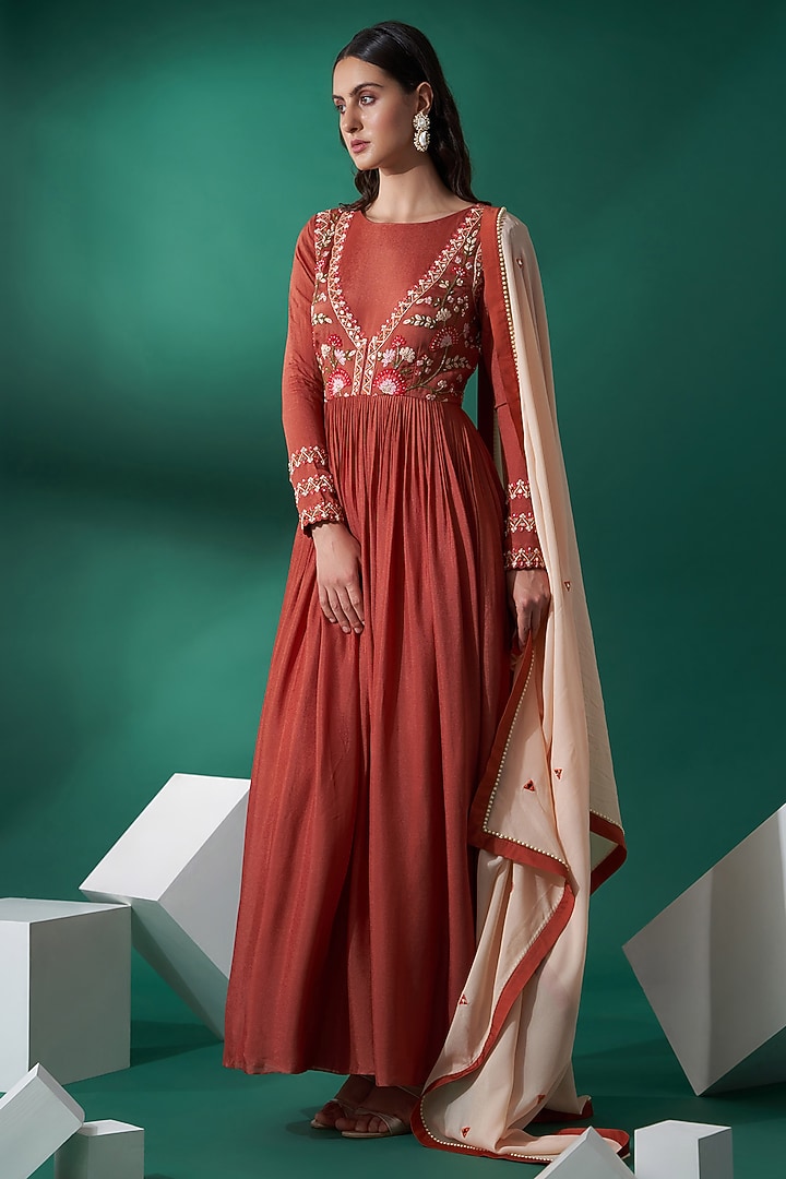 Dusty Orange Hand Embroidered Party Wear Anarkali Set by Suruchi Parakh at Pernia's Pop Up Shop