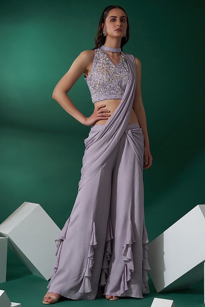 Lilac Georgette Crepe & Satin Draped Pant Saree Set by Suruchi Parakh at Pernia's Pop Up Shop