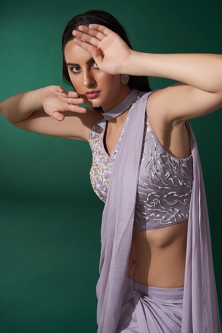Lilac Georgette Crepe & Satin Draped Pant Party Wear Saree Set by Suruchi Parakh at Pernia's Pop Up Shop
