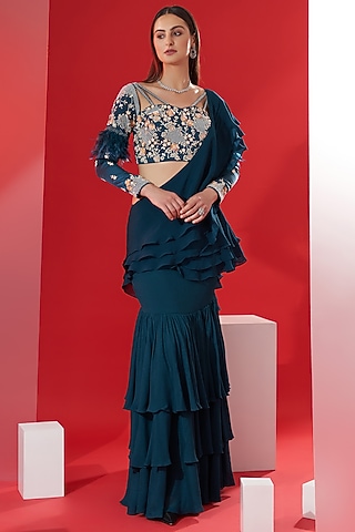 Teal Ruffled Pre-Draped Saree Set by Suruchi Parakh