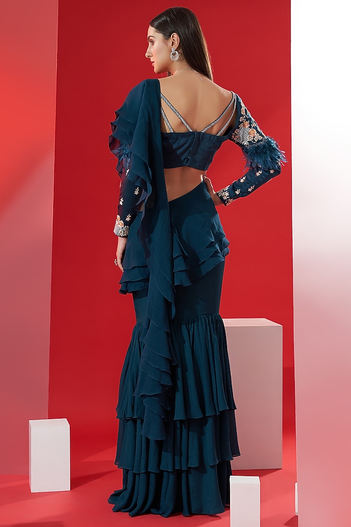 Teal Ruffled Pre-Draped Wedding Saree Set by Suruchi Parakh at Pernia's Pop Up Shop