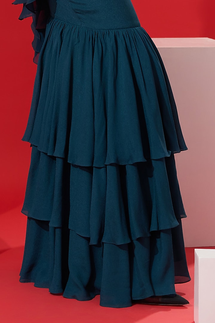 Teal Ruffled Pre-Draped Wedding Saree Set by Suruchi Parakh at Pernia's Pop Up Shop