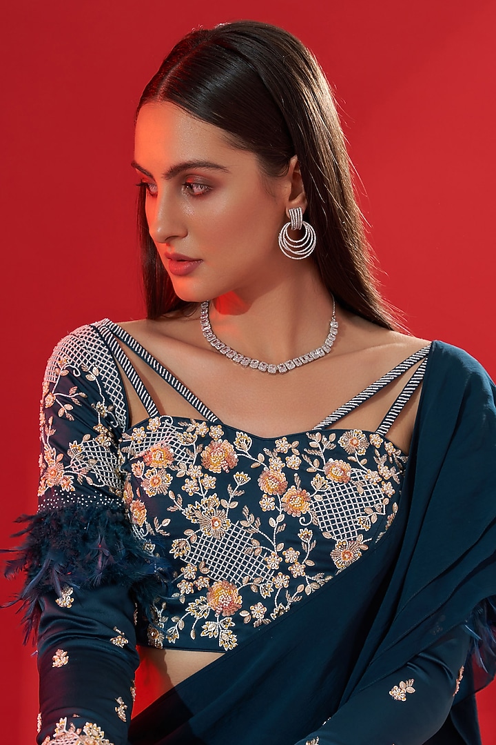 Teal Ruffled Pre-Draped Wedding Saree Set by Suruchi Parakh at Pernia's Pop Up Shop