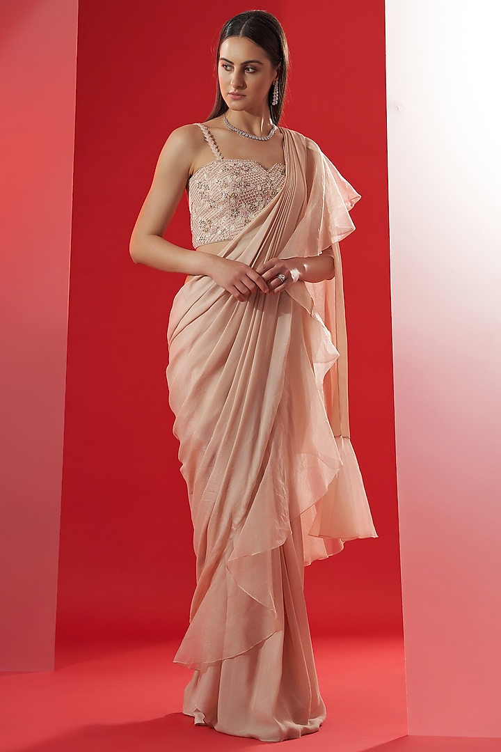 Nude Georgette & Crepe Ruffled Pre-Draped Saree Set by Suruchi Parakh at Pernia's Pop Up Shop