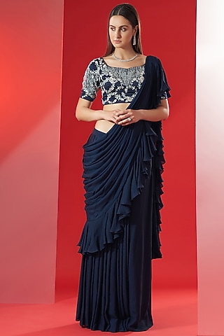 Dark Navy Blue Ruffled Pre-Draped Saree Set by Suruchi Parakh