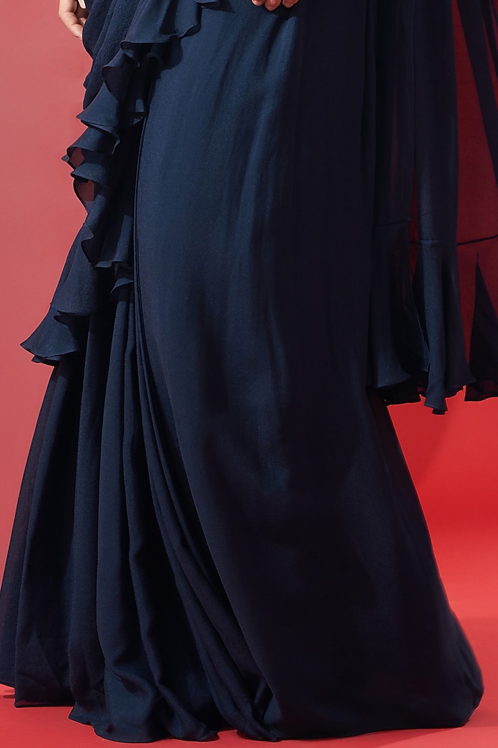 Dark Navy Blue Ruffled Pre-Draped Wedding Saree Set by Suruchi Parakh at Pernia's Pop Up Shop