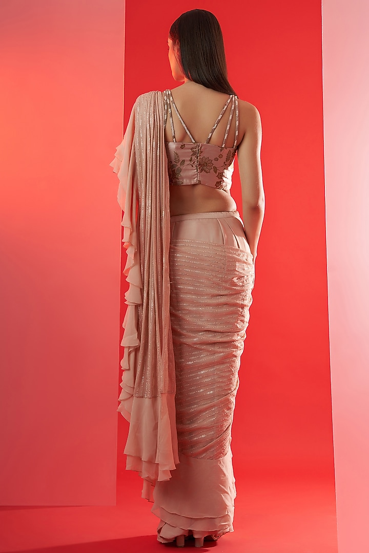 Nude Georgette Crepe & Satin Ruffled Pre-Draped Wedding Saree Set by Suruchi Parakh at Pernia's Pop Up Shop
