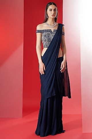 Dark Navy Blue Georgette Crepe & Satin Pre-Pleated Saree Set by Suruchi Parakh