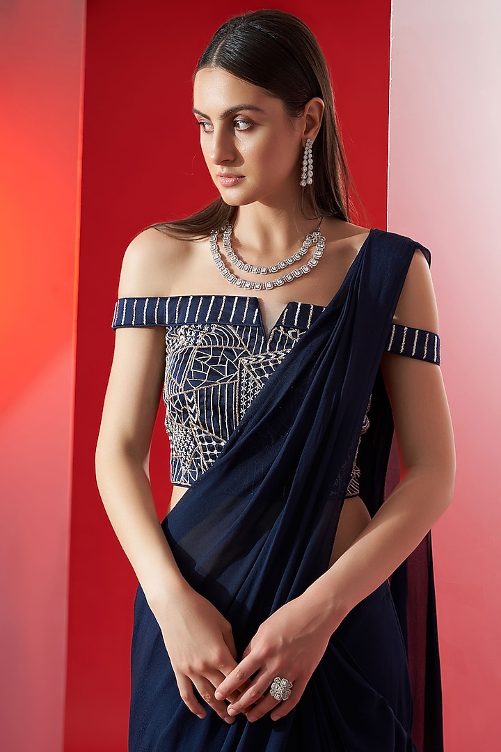Dark Navy Blue Georgette Crepe & Satin Pre-Pleated Wedding Saree Set by Suruchi Parakh at Pernia's Pop Up Shop