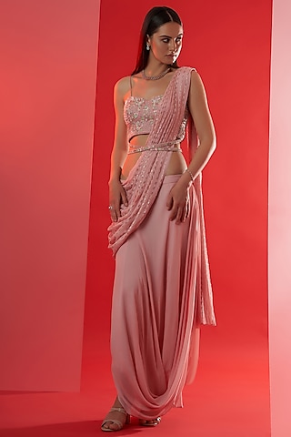 Blush Pink Georgette Crepe & Satin Pre-Draped Skirt Saree Set by Suruchi Parakh