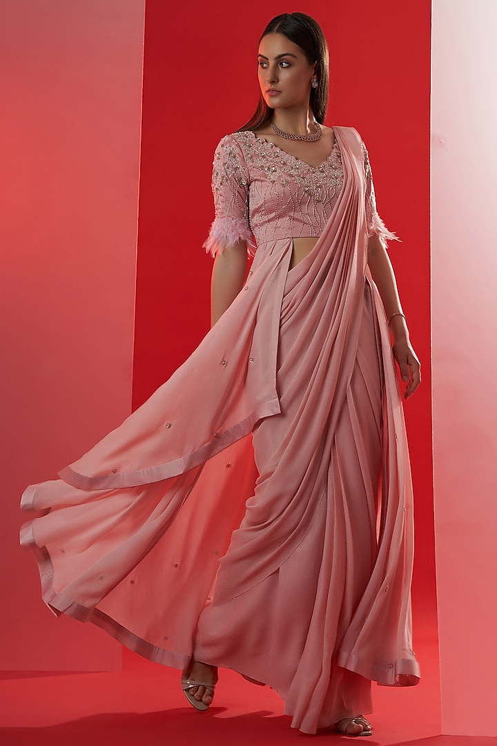 Blush Pink Georgette Crepe & Satin Pre-Draped Saree Set by Suruchi Parakh