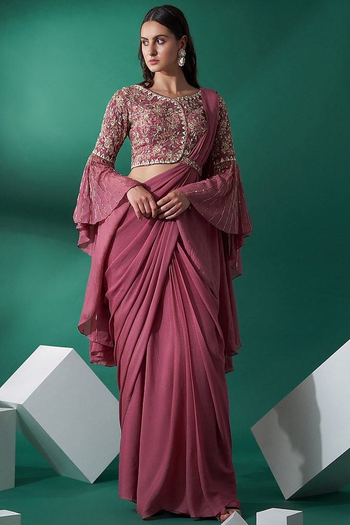 Mauve Georgette Crepe & Crepe Pre-Draped Saree Set by Suruchi Parakh at Pernia's Pop Up Shop