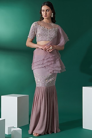 Nude Georgette Crepe & Organza Embroidered Pre-Draped Skirt Saree Set by Suruchi Parakh