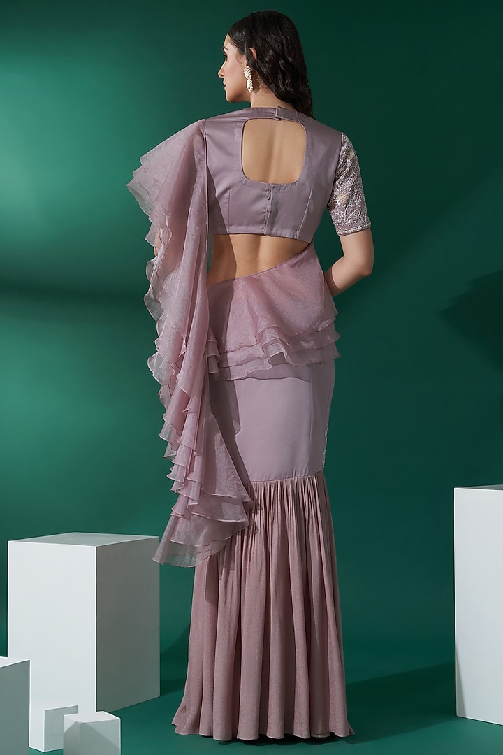 Nude Georgette Crepe & Organza Embroidered Pre-Draped Skirt Wedding Saree Set by Suruchi Parakh at Pernia's Pop Up Shop