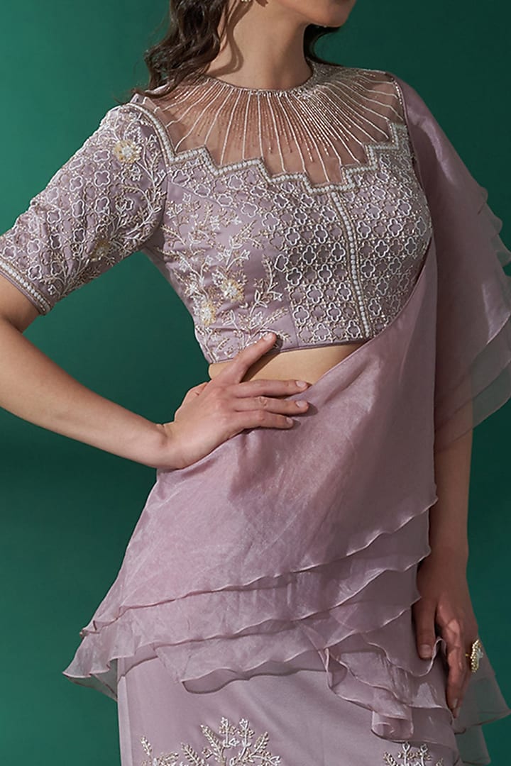 Nude Georgette Crepe & Organza Embroidered Pre-Draped Skirt Wedding Saree Set by Suruchi Parakh at Pernia's Pop Up Shop