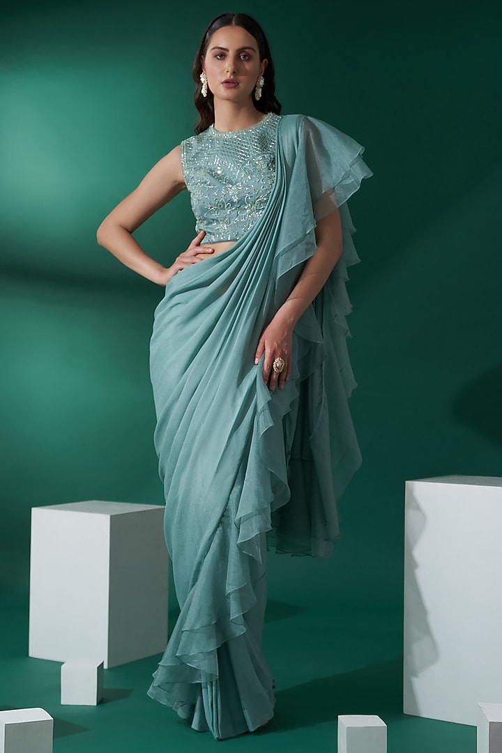 Sea Green Organza & Georgette Crepe Ruffled Pre-Draped Wedding Saree Set by Suruchi Parakh at Pernia's Pop Up Shop