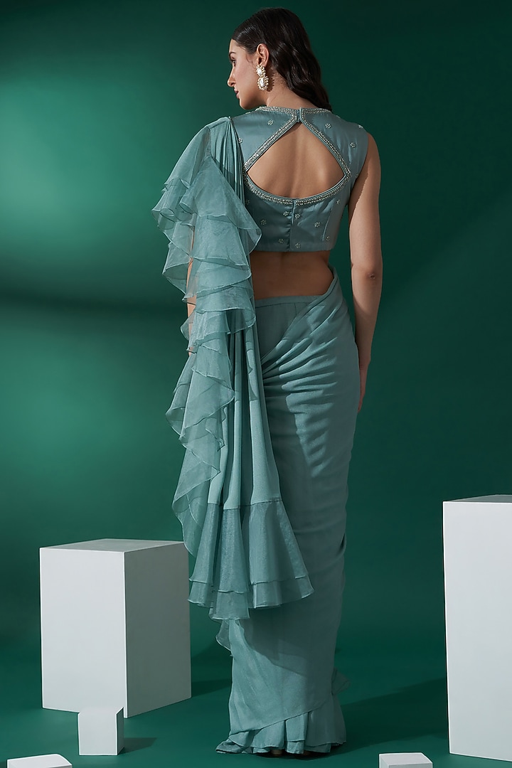 Sea Green Organza & Georgette Crepe Ruffled Pre-Draped Wedding Saree Set by Suruchi Parakh at Pernia's Pop Up Shop
