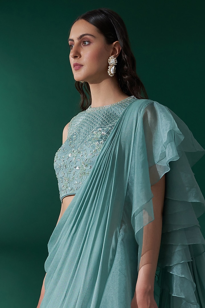 Sea Green Organza & Georgette Crepe Ruffled Pre-Draped Wedding Saree Set by Suruchi Parakh at Pernia's Pop Up Shop