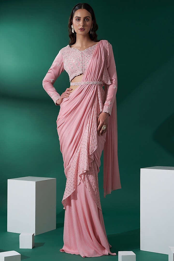 Blush Pink Hand Embroidered Pre-Draped Wedding Saree Set by Suruchi Parakh at Pernia's Pop Up Shop