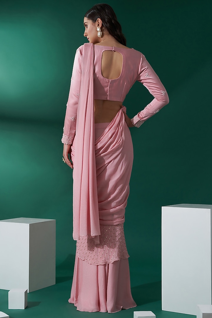 Blush Pink Hand Embroidered Pre-Draped Wedding Saree Set by Suruchi Parakh at Pernia's Pop Up Shop