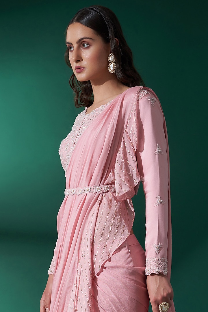 Blush Pink Hand Embroidered Pre-Draped Wedding Saree Set by Suruchi Parakh at Pernia's Pop Up Shop