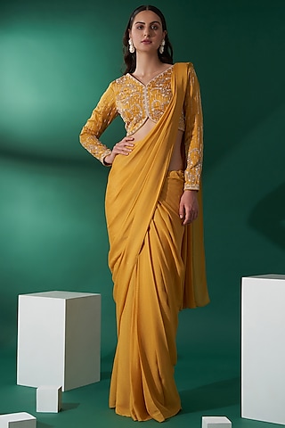 Mustard Georgette Crepe & Satin Pre-Draped Saree Set by Suruchi Parakh