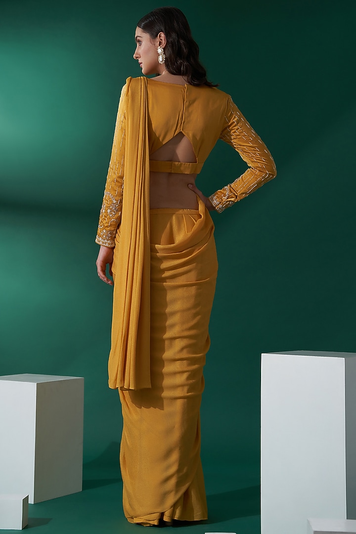 Mustard Georgette Crepe & Satin Pre-Draped Wedding Saree Set by Suruchi Parakh at Pernia's Pop Up Shop