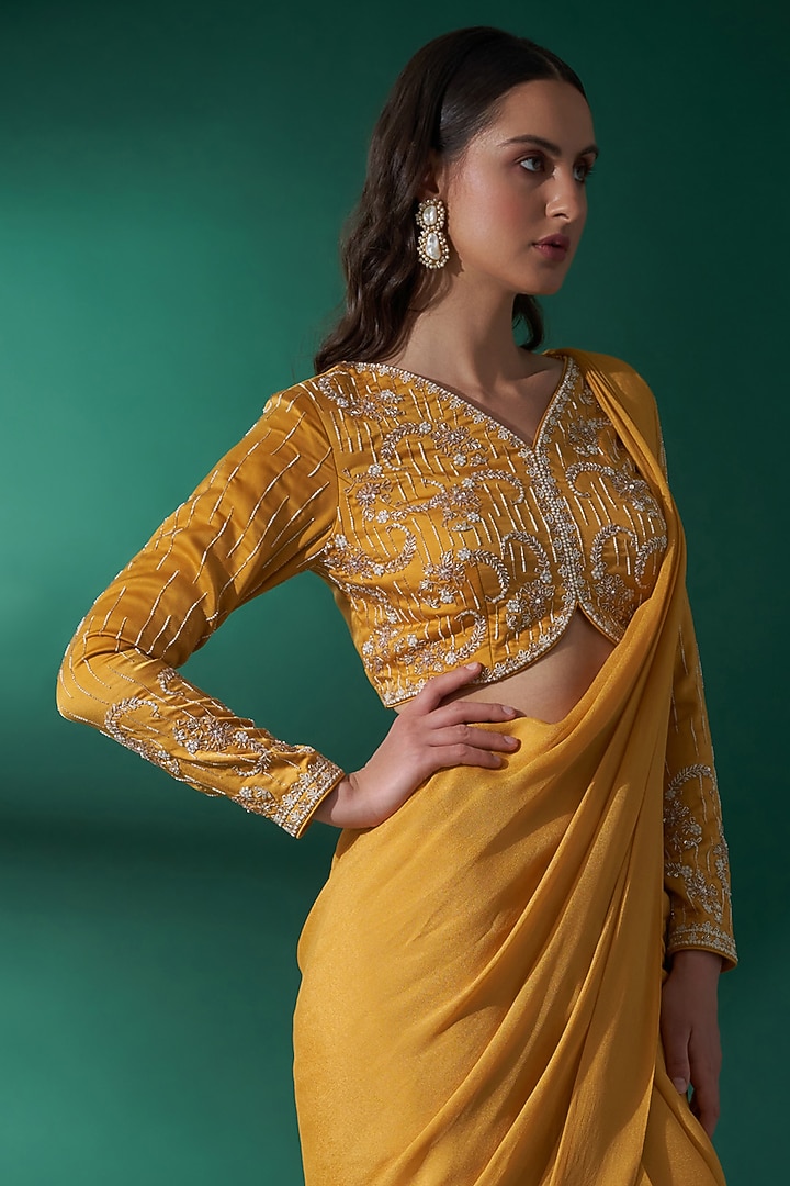 Mustard Georgette Crepe & Satin Pre-Draped Wedding Saree Set by Suruchi Parakh at Pernia's Pop Up Shop