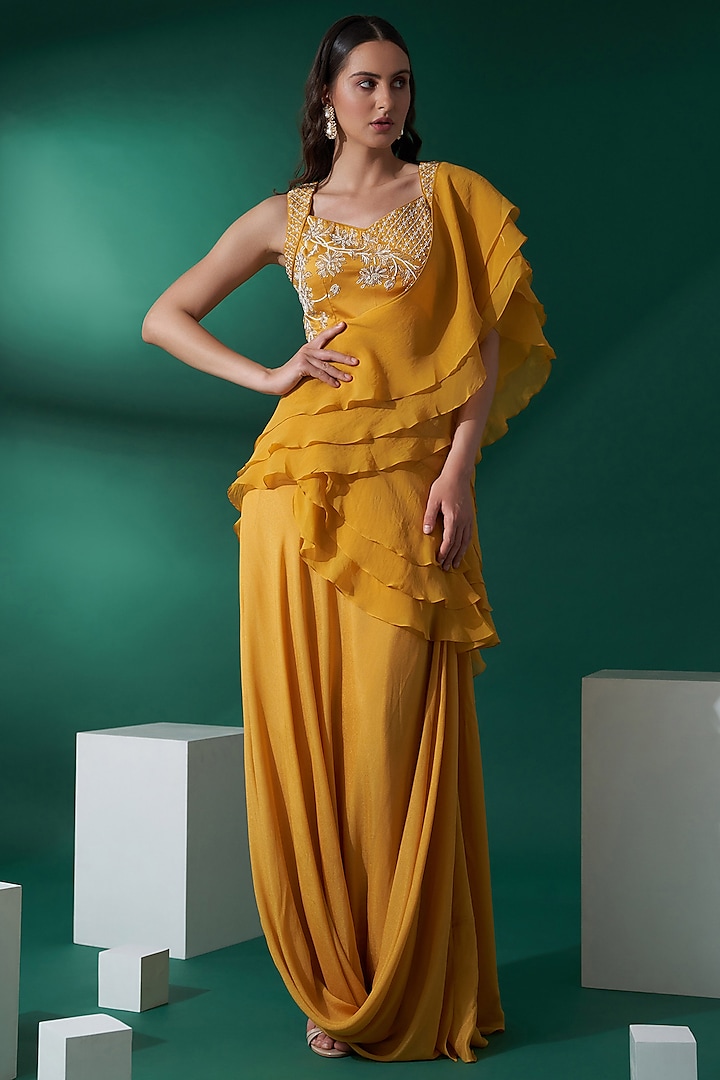 Mustard Georgette Crepe & Satin Pre-Draped Skirt Wedding Saree Set by Suruchi Parakh at Pernia's Pop Up Shop