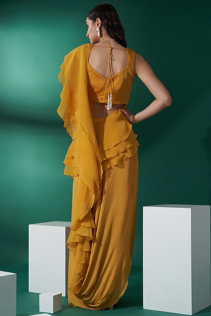 Mustard Georgette Crepe & Satin Pre-Draped Skirt Wedding Saree Set by Suruchi Parakh at Pernia's Pop Up Shop